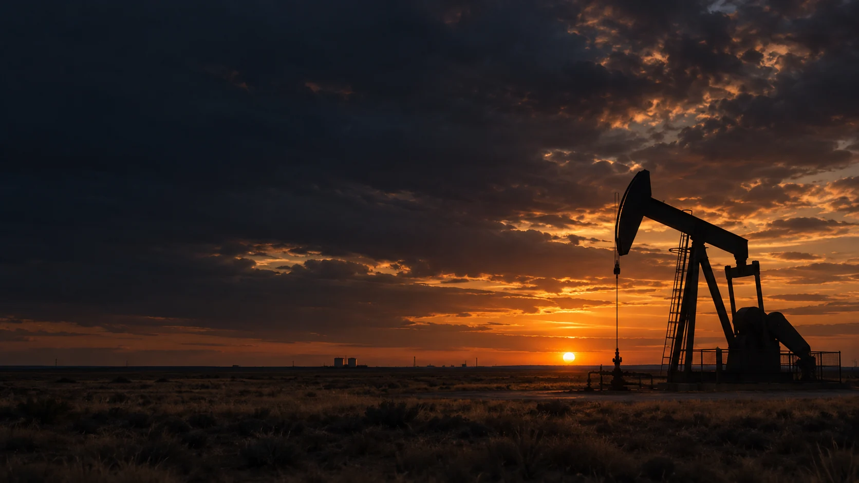 Illustrative pumpjack on open plains beneath a copper sunset